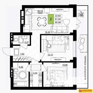 2-к квартира, вторичка, 65м2, 1/7 этаж