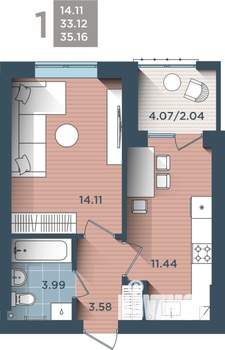 1-к квартира, строящийся дом, 35м2, 1/4 этаж