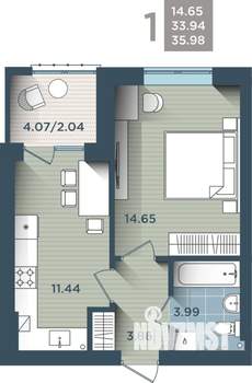1-к квартира, строящийся дом, 36м2, 2/4 этаж