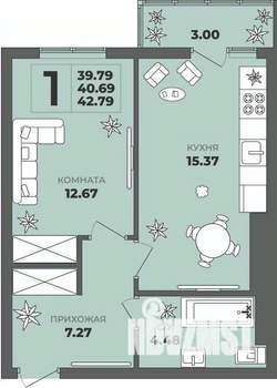 1-к квартира, строящийся дом, 41м2, 8/8 этаж