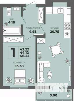 1-к квартира, строящийся дом, 44м2, 1/8 этаж