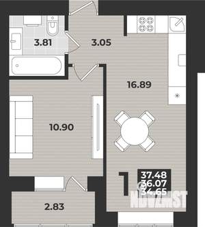 1-к квартира, строящийся дом, 37м2, 2/9 этаж