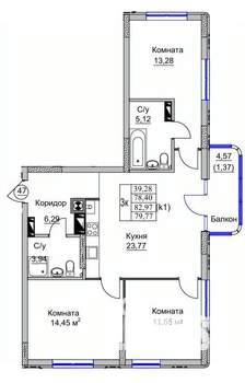 3-к квартира, вторичка, 80м2, 6/9 этаж