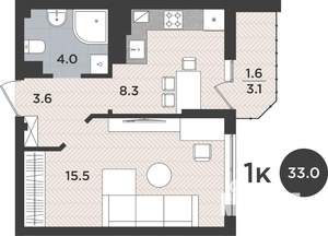 1-к квартира, вторичка, 33м2, 8/9 этаж