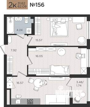 2-к квартира, вторичка, 62м2, 5/10 этаж