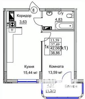 1-к квартира, вторичка, 39м2, 1/9 этаж