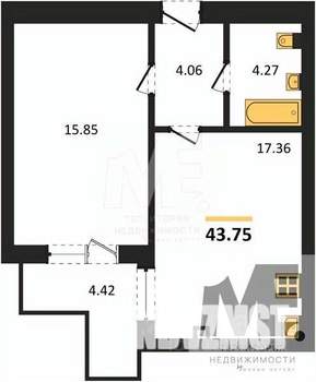 1-к квартира, вторичка, 44м2, 6/9 этаж
