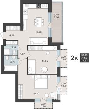 2-к квартира, строящийся дом, 60м2, 1/9 этаж
