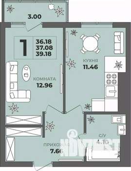 1-к квартира, вторичка, 37м2, 3/8 этаж