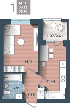 1-к квартира, строящийся дом, 35м2, 1/4 этаж