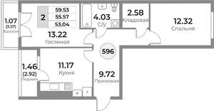 2-к квартира, строящийся дом, 56м2, 6/10 этаж