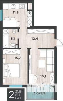 2-к квартира, вторичка, 64м2, 7/9 этаж