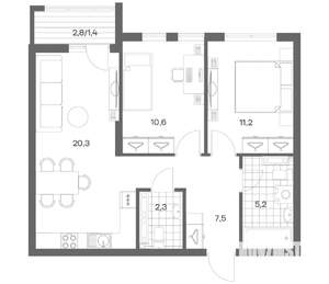 2-к квартира, строящийся дом, 59м2, 7/18 этаж