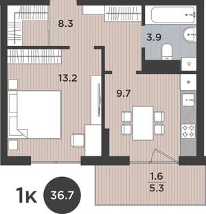 1-к квартира, вторичка, 37м2, 3/9 этаж