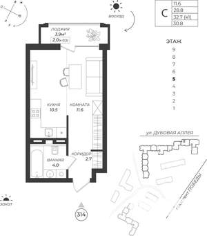 Студия квартира, вторичка, 31м2, 5/9 этаж