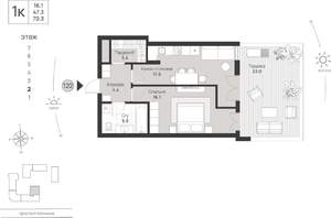 1-к квартира, сданный дом, 70м2, 2/7 этаж