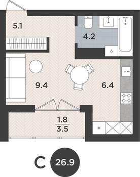 Студия квартира, вторичка, 27м2, 5/9 этаж