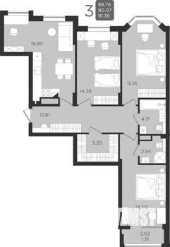3-к квартира, строящийся дом, 90м2, 2/9 этаж