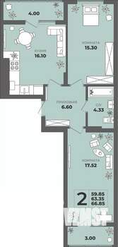 2-к квартира, строящийся дом, 63м2, 8/8 этаж