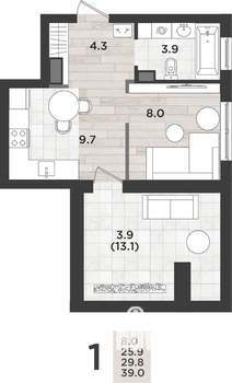 1-к квартира, вторичка, 30м2, 11/14 этаж