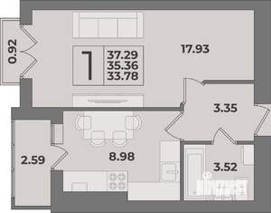 1-к квартира, вторичка, 36м2, 9/9 этаж