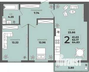 2-к квартира, строящийся дом, 62м2, 1/8 этаж