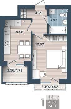 1-к квартира, строящийся дом, 35м2, 4/4 этаж