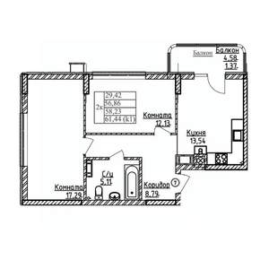 2-к квартира, строящийся дом, 58м2, 2/9 этаж