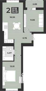 2-к квартира, вторичка, 57м2, 6/9 этаж
