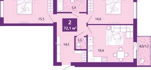 2-к квартира, сданный дом, 73м2, 4/4 этаж