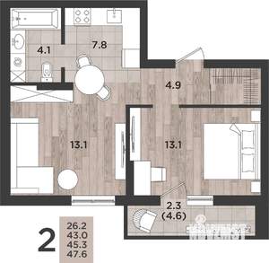 2-к квартира, вторичка, 45м2, 1/12 этаж