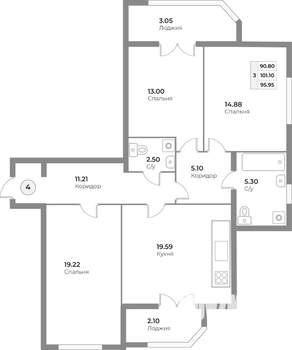 3-к квартира, строящийся дом, 96м2, 2/4 этаж