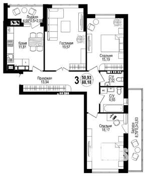 3-к квартира, вторичка, 88м2, 3/16 этаж