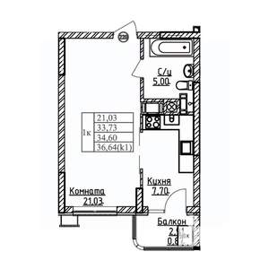 1-к квартира, вторичка, 35м2, 7/9 этаж