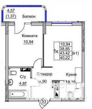 1-к квартира, вторичка, 40м2, 7/9 этаж