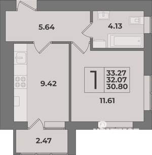 1-к квартира, строящийся дом, 33м2, 2/9 этаж