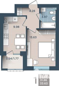 1-к квартира, строящийся дом, 34м2, 3/4 этаж
