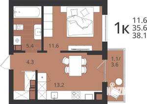 1-к квартира, вторичка, 36м2, 8/9 этаж