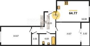 2-к квартира, вторичка, 64м2, 1/8 этаж