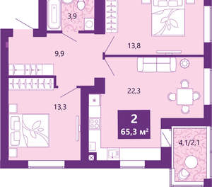 2-к квартира, сданный дом, 66м2, 2/4 этаж