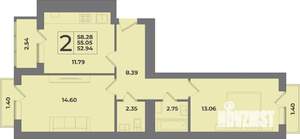 2-к квартира, вторичка, 58м2, 9/9 этаж