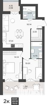 2-к квартира, строящийся дом, 69м2, 4/10 этаж