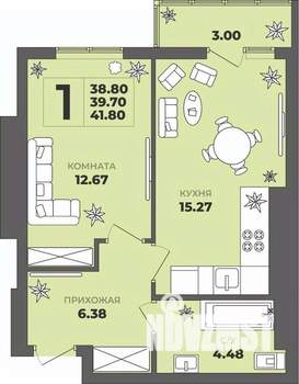 1-к квартира, строящийся дом, 40м2, 2/8 этаж