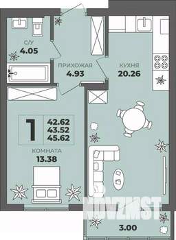 1-к квартира, строящийся дом, 44м2, 4/8 этаж