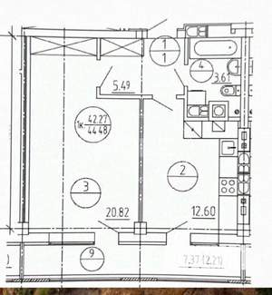 1-к квартира, вторичка, 43м2, 9/9 этаж