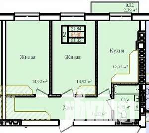 2-к квартира, строящийся дом, 58м2, 7/9 этаж