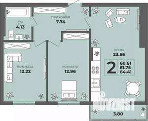 2-к квартира, строящийся дом, 62м2, 2/8 этаж