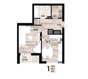 1-к квартира, вторичка, 43м2, 2/12 этаж