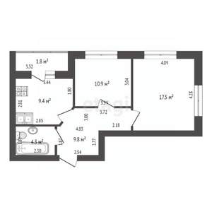 2-к квартира, вторичка, 52м2, 1/9 этаж