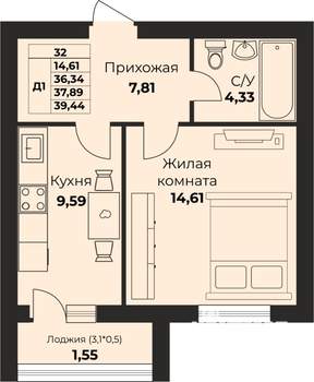 1-к квартира, вторичка, 35м2, 7/9 этаж